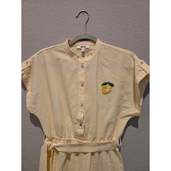 Koton Women's Yellow Striped Romper Dress Lemon Embroidery 10 Preppy Seersucker - Picture 2 of 12